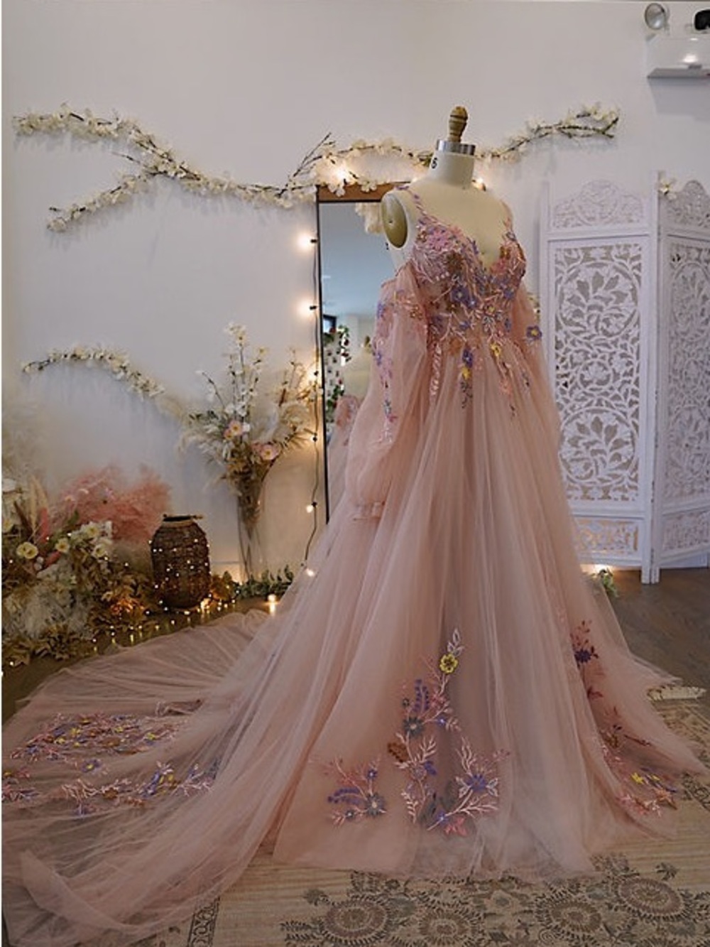 NWT Wedding / Grad Dress Blush Pink Floral Embroidery Corset Gown Flora and Lane